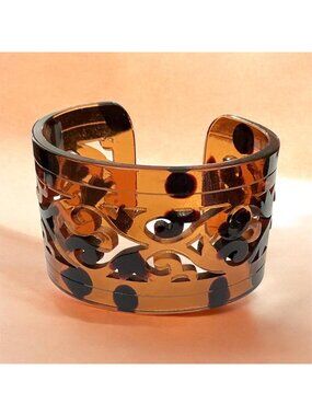 Vintage Faux Tortoise Shell Bangle Bracelet Cuff With Cut-Out Scroll Design Smal